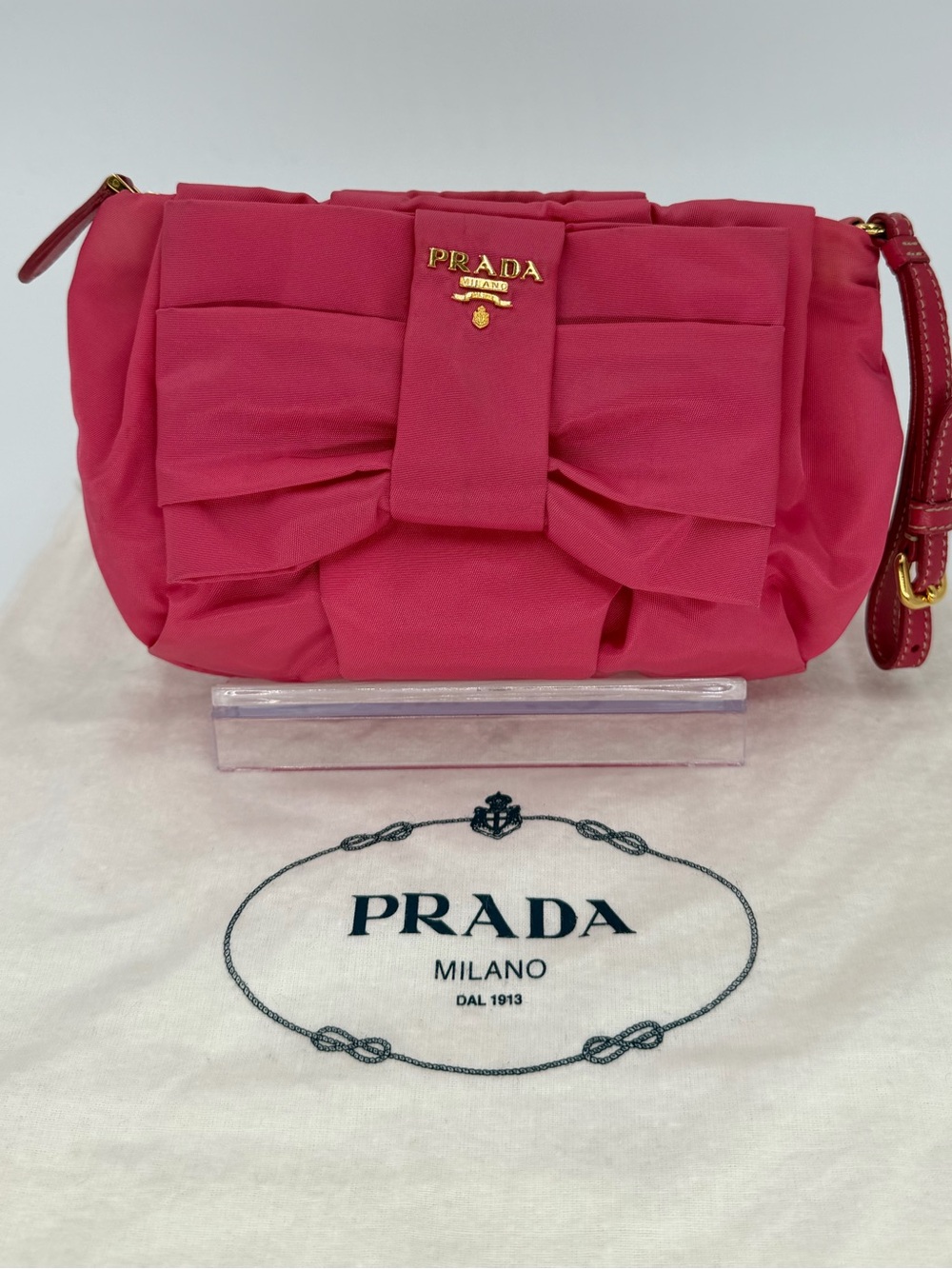 Prada Pink Bow Wristlet w/Dust Bag and COA Great Condition